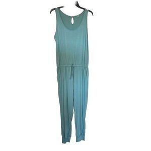 Sage Green Jogger Jumpsuit Tie Waist Pockets Tank Sleeveless Size Large Stretchy